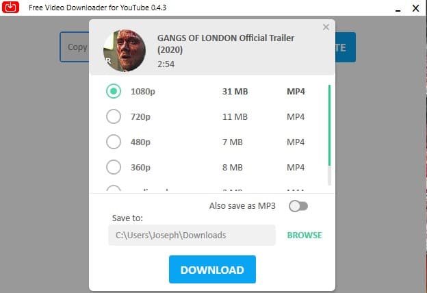 Choose video size and format on YouTube Downloader