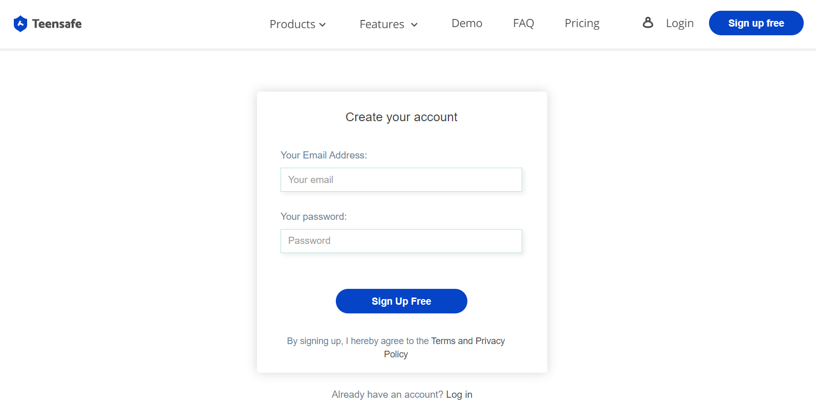 TeenSafe Sign Up Page