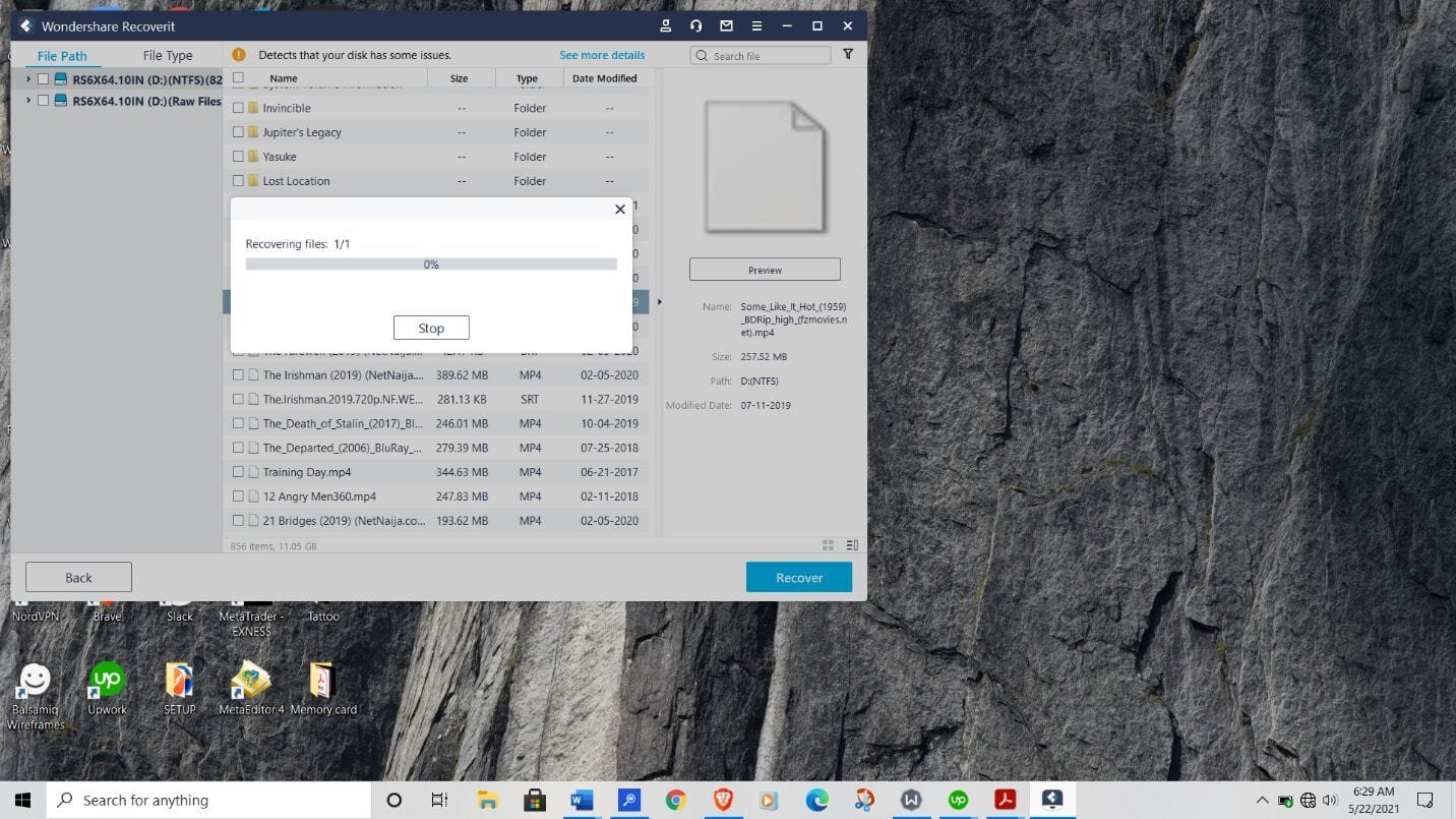 Recovering file in progress with Recoverit by Wondershare