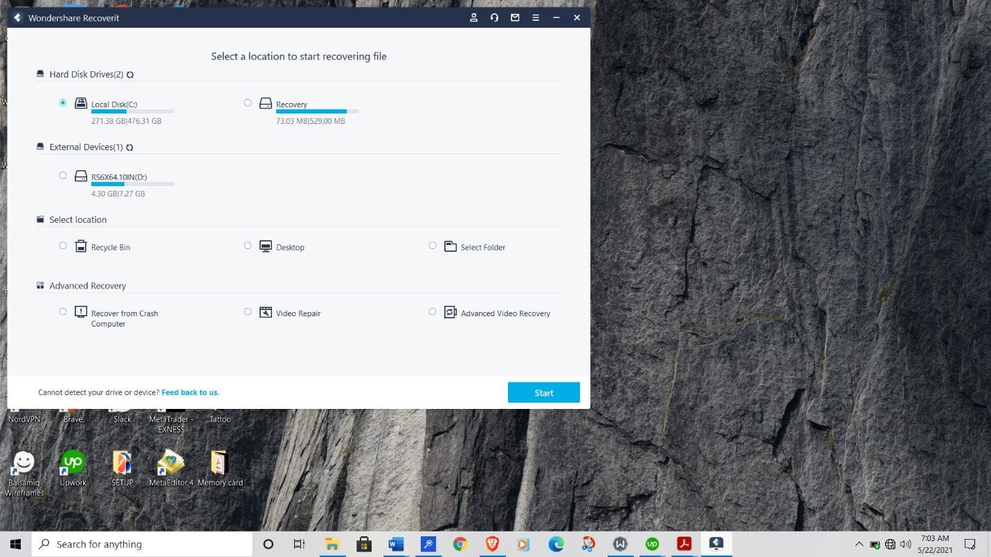 Select a location to start recovering file with Recoverit by Wondershare