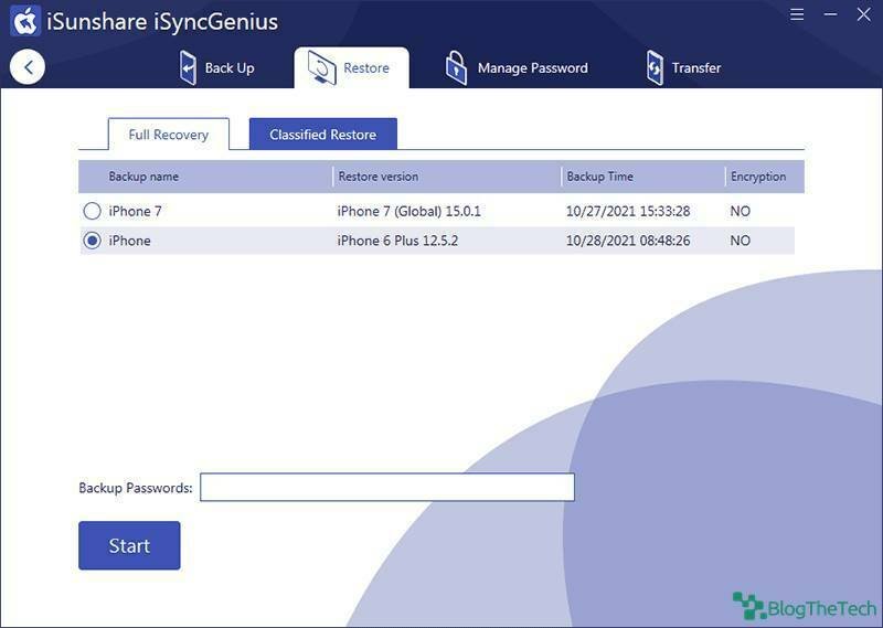 Enter Password to Restore File on iSunshare iSyncGenius