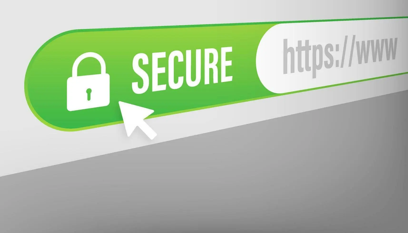 Stylized representation of a secure internet connection, featuring a green secure button with a padlock icon, a mouse cursor, and a browser address bar with the secure 'https://' protocol, symbolizing encrypted website communications