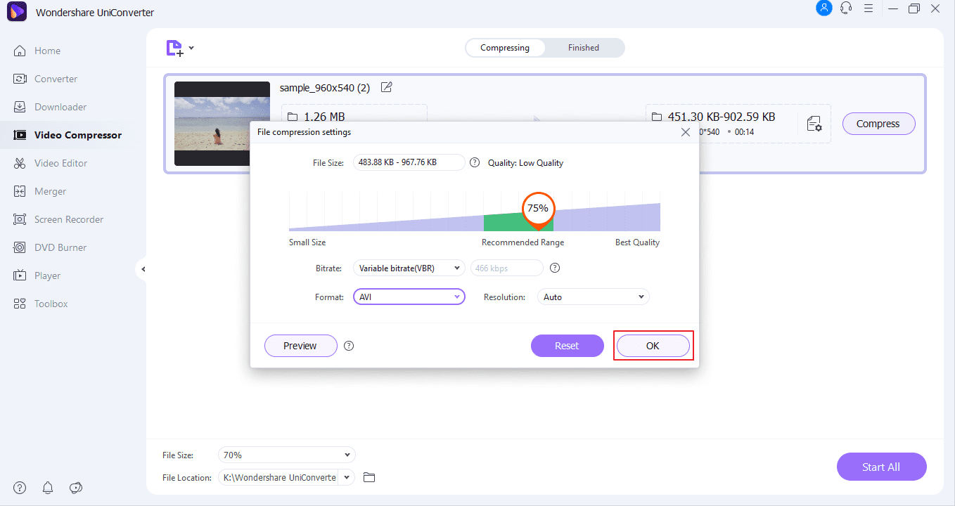 Wondershare UniConverter File Compression Setting