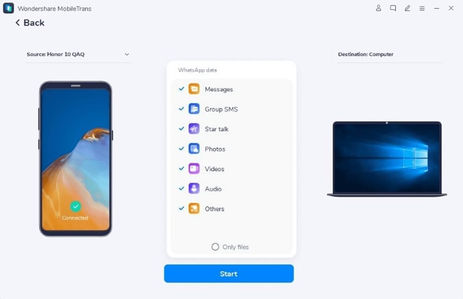 Choose the contents to backup on Wondershare MobileTrans Backup WhatsApp Data Efficiently