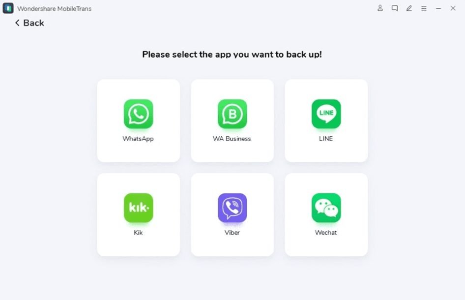 Select App to backup on Wondershare MobileTrans Backup WhatsApp Data Efficiently