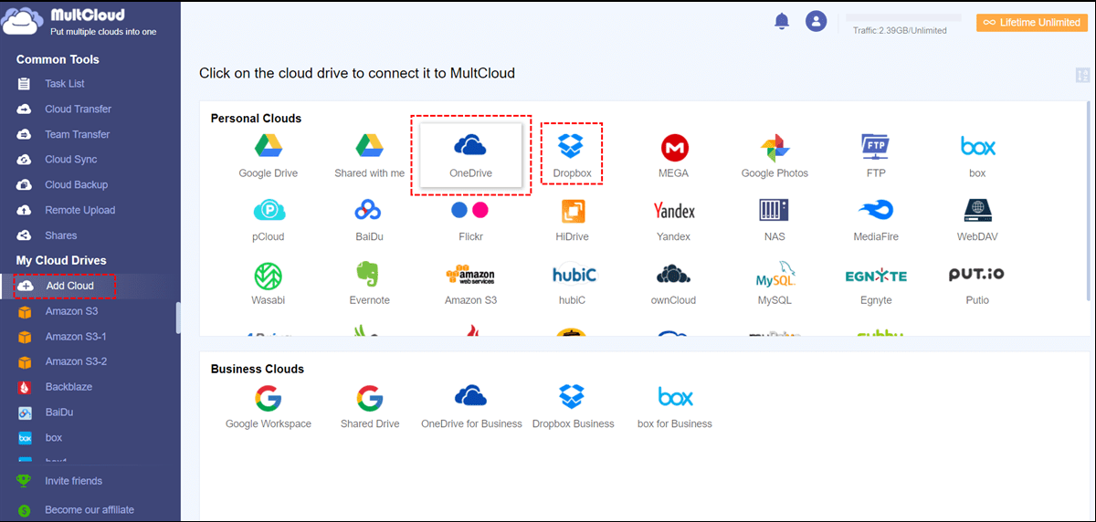 Add Dropbox and OneDrive accounts to MultCloud