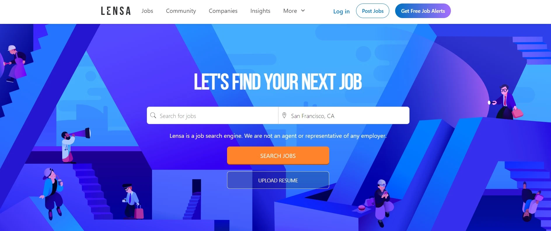 Homepage of Lensa job search website with a vibrant blue and purple color scheme featuring stylized illustrations of people engaged in various activities related to job searching and working.