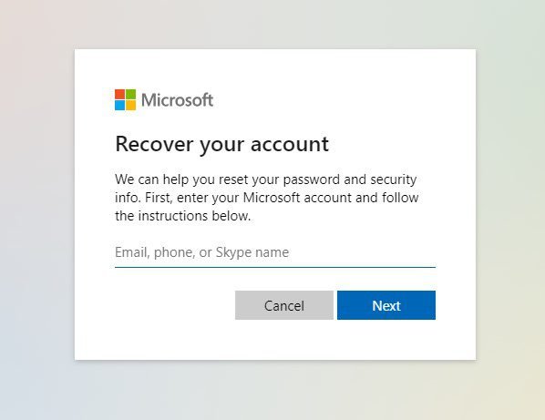 Microsoft Accoun Recovery Page