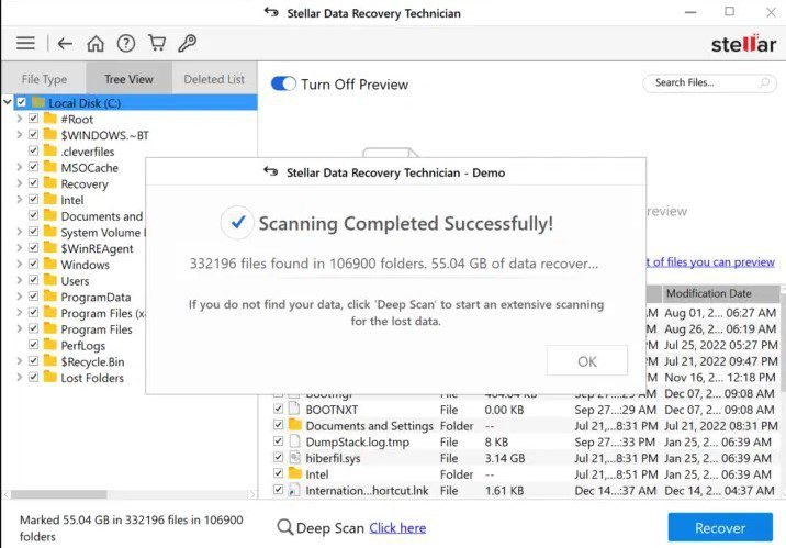 Scanning completed on Stellar data recovery technician