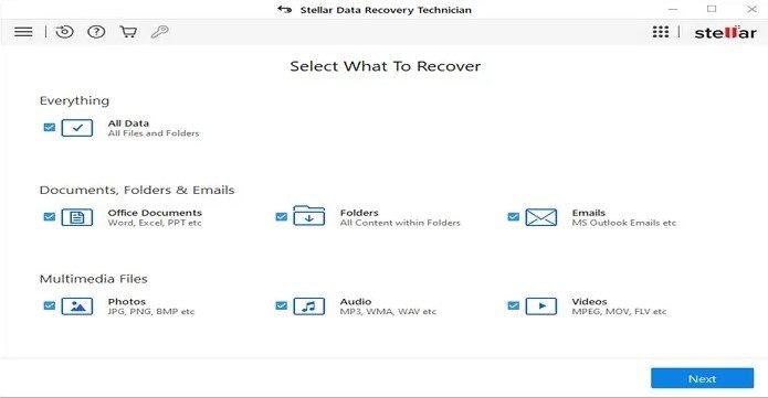Select What To Recover Option List On Stellar