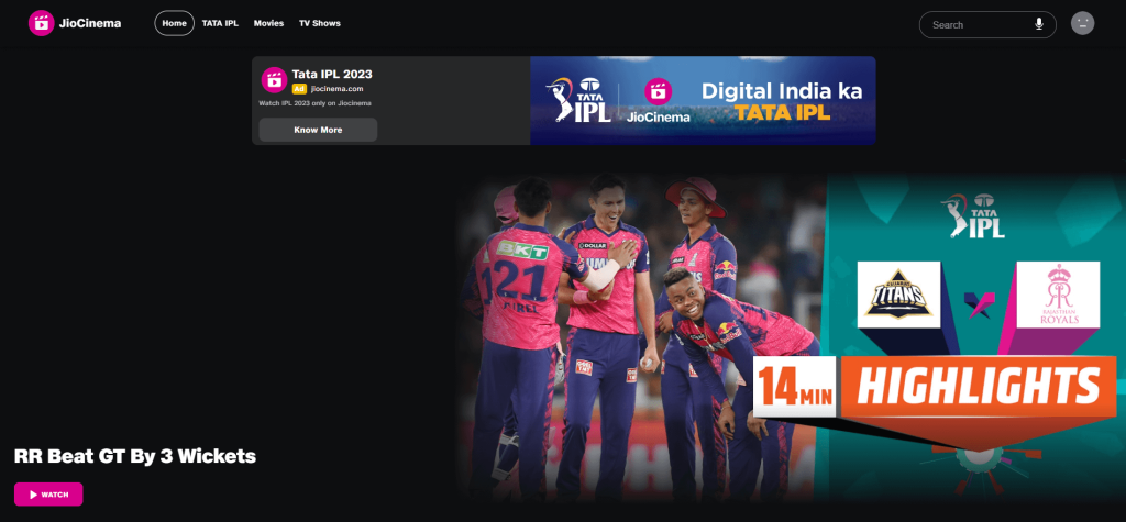 Watch JioCinemas official website homescreen