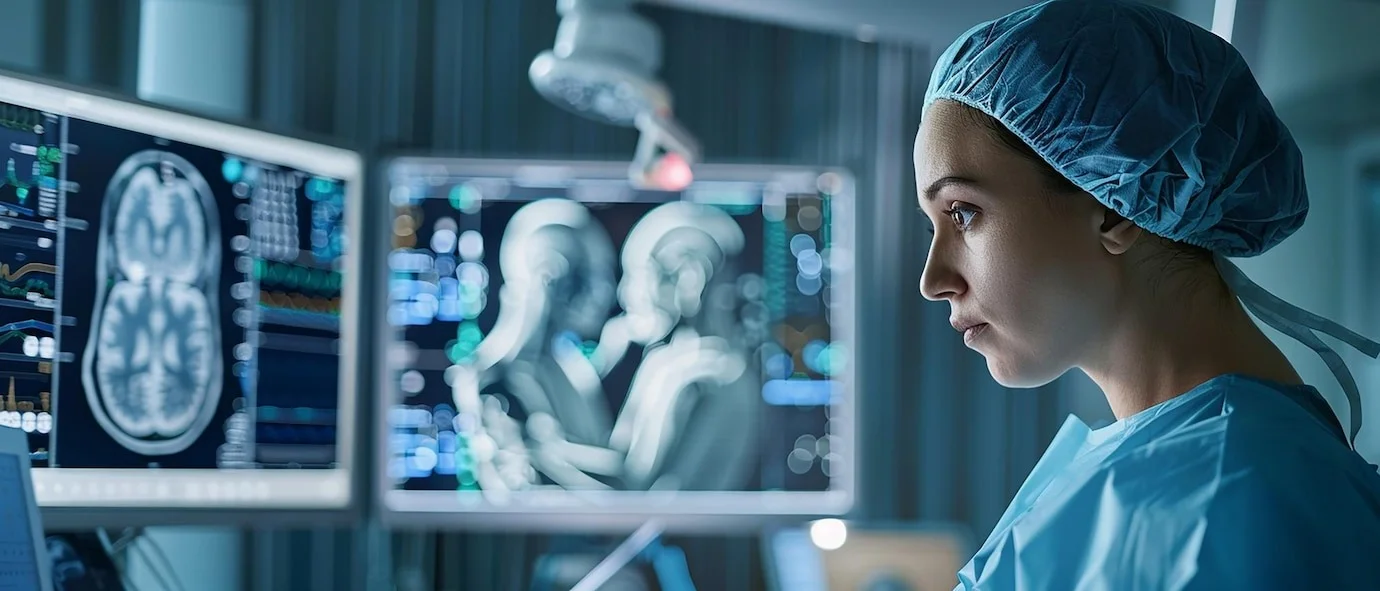 A nurse looking close to computer screen displaying health data
